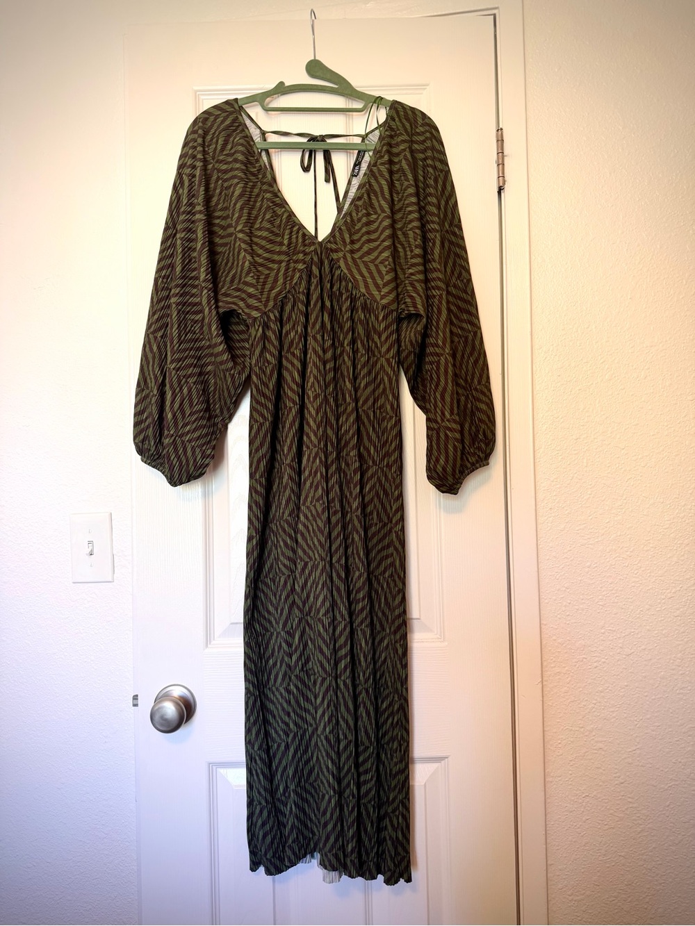 Zara Olive Green Printed Maxi Dress Women Size Small